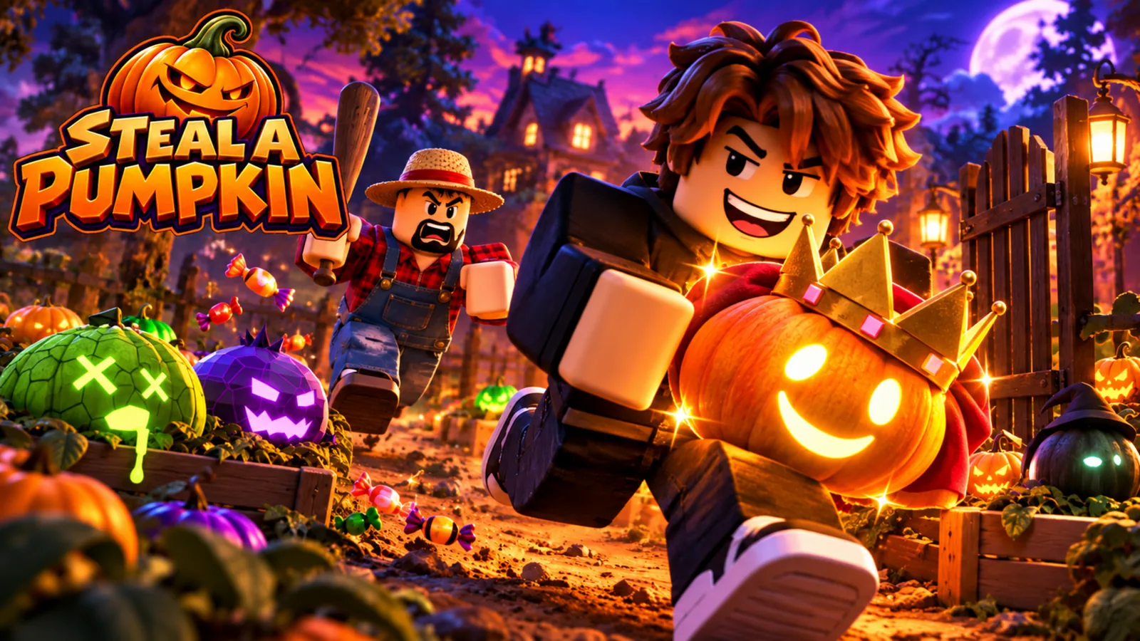 A Roblox player runs off with a glowing crowned pumpkin through a night-time garden.