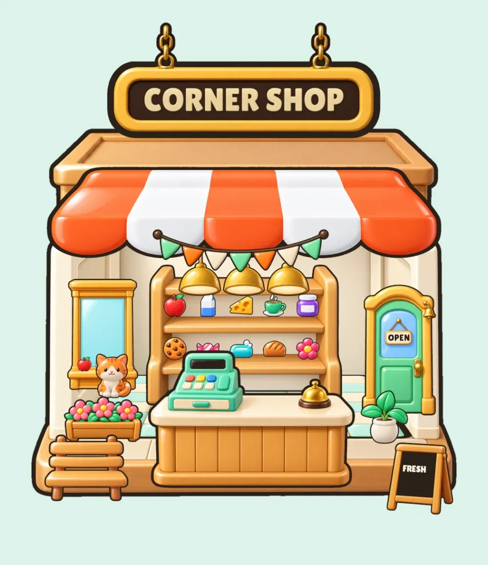 The restored Corner Shop, with stocked shelves, a striped awning and a shop sign.