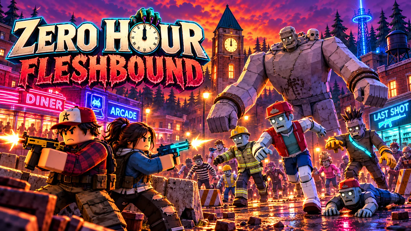 Two Roblox survivors hold a barricade against a zombie horde on a neon-lit street.